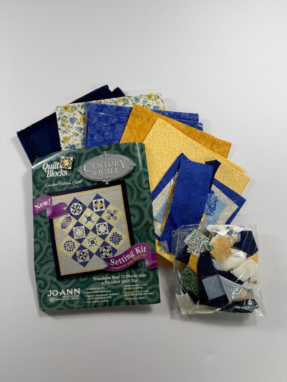 Jo-Ann Century Quilt Setting Kit Pattern & Blue Yellow Fabric Destash Craft Lot
